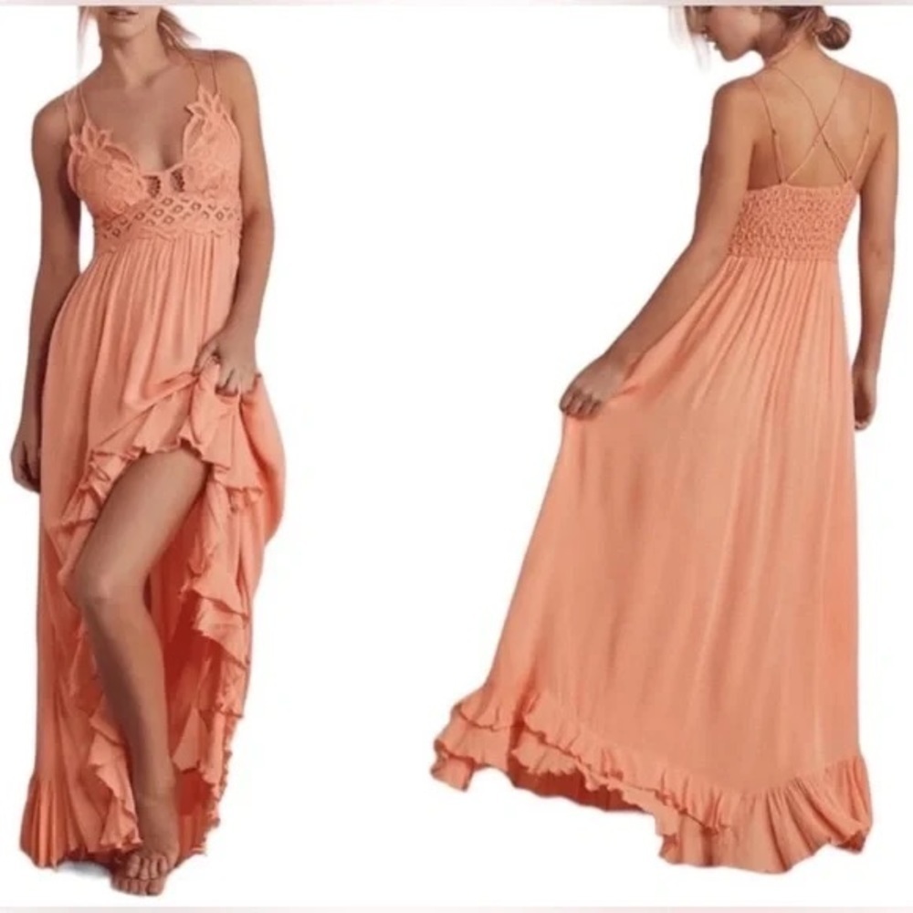 Free People Adella Slip Maxi Dress Womens Bralette Strappy Pretty Peach Sz M NWT